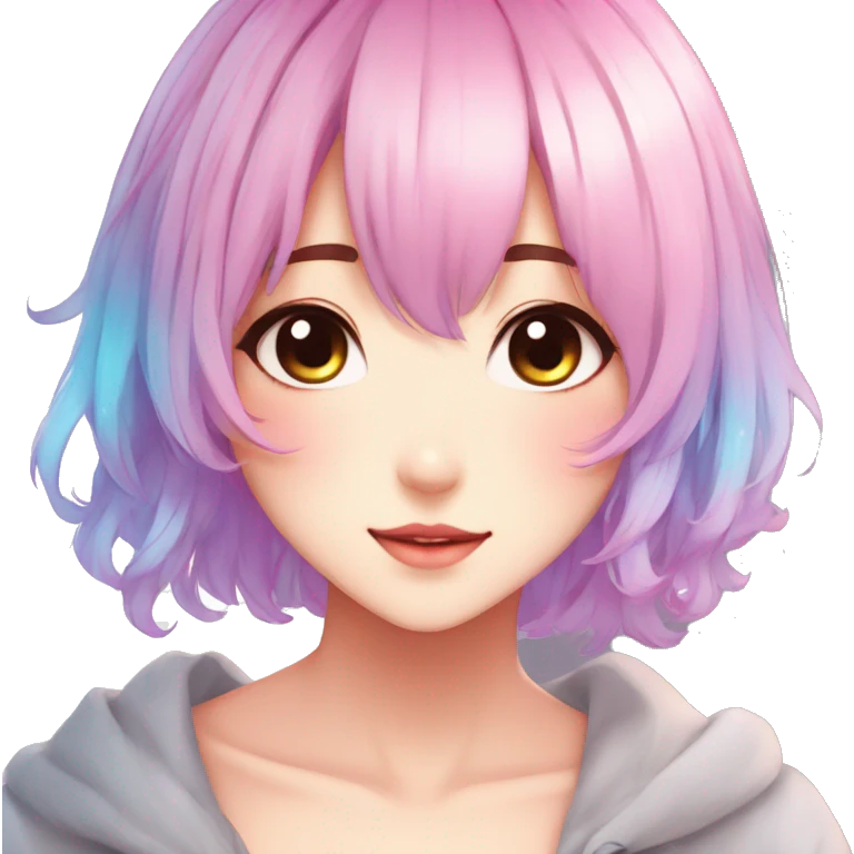 Gorgeous anime style shojo character with blushing face aesthetic and pretty colorful shiny gradient pastel hair trending style emoji