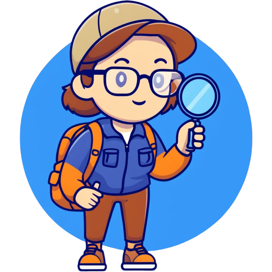 Colorful woman explorer in her 40s with glasses, dark blue and white hiking clothes, backpack, holding magnifying glass emoji