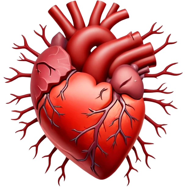 Glowing cuts of red meat and liver surrounding a bright red heart. Red blood cells float around the heart, with energy streams connecting the meat to the blood cells and heart, showing how iron-rich foods power circulation and vitality. emoji