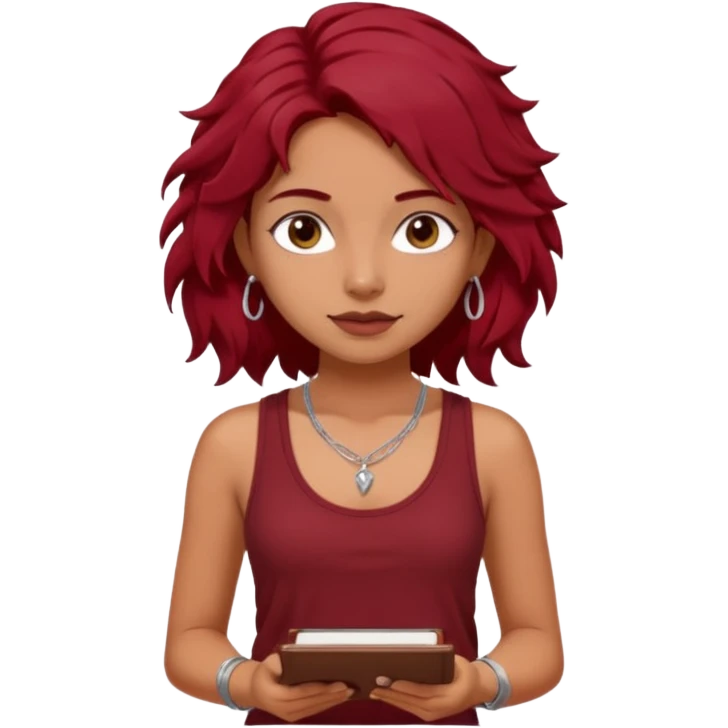 a pretty tan indian bratz girl with messy dark wavyred hair, wearing a dark red tank top, layered silver necklaces. Carrying multiple sketchbooks and pens emoji