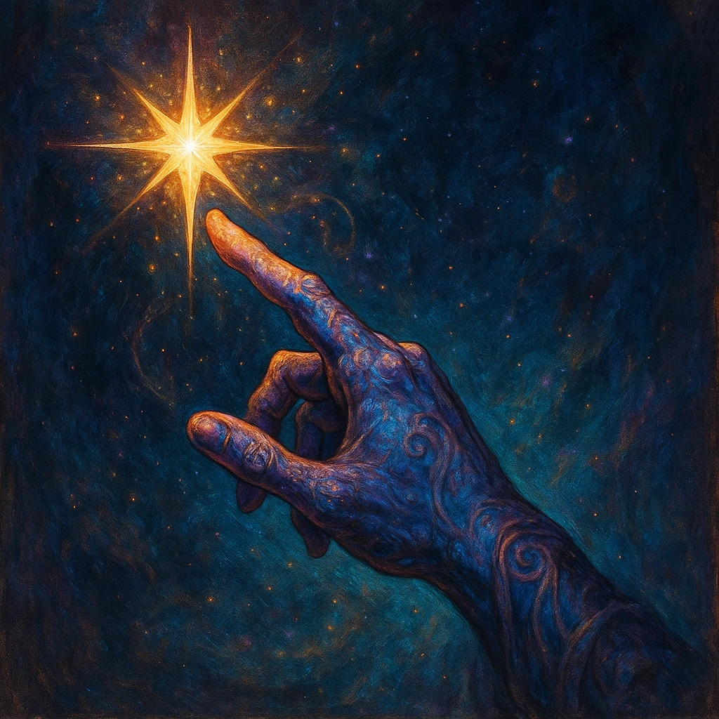 magical hand pointing outward with a glowing star at the fingertip, no text, fantasy style, not apple emoji style emoji