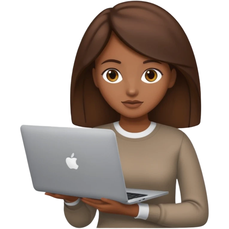 memoji of a brown hair female with a grey laptop in front, apple-style, modern emoji