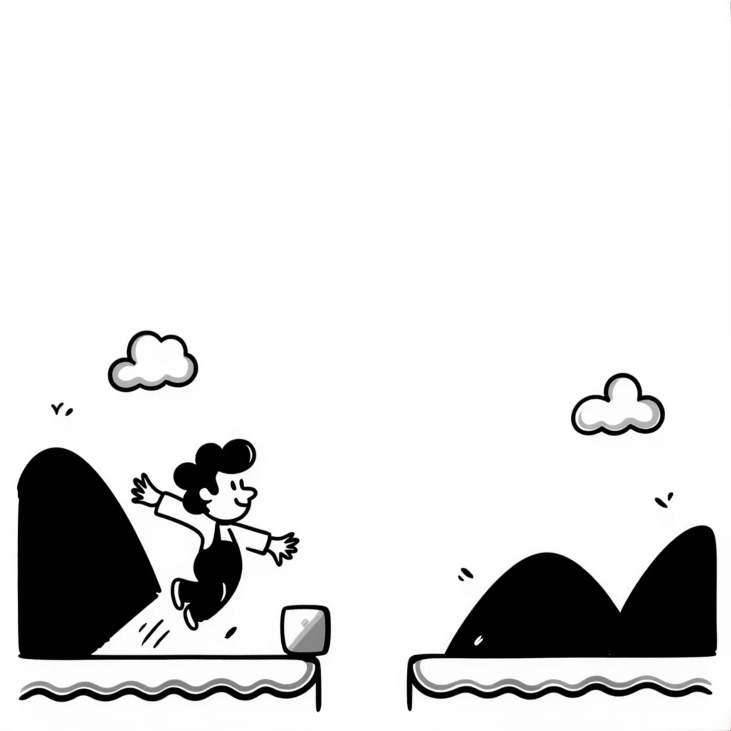 pixel art of a retro side-scrolling video game scene with blocks, platforms, clouds, and a character jumping, 8-bit Game Boy style, Mario world emoji