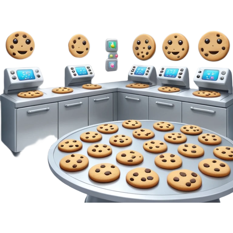 Futuristic cookie factory with robotic arms baking cookies, sleek silver walls, holographic control panels, emoji-style emoji