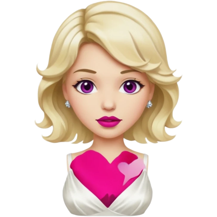 Bride with short wavy blonde hair, hot pink background and white silk chemise dress. Add fuscia background. Add fuscia lipstick emoji