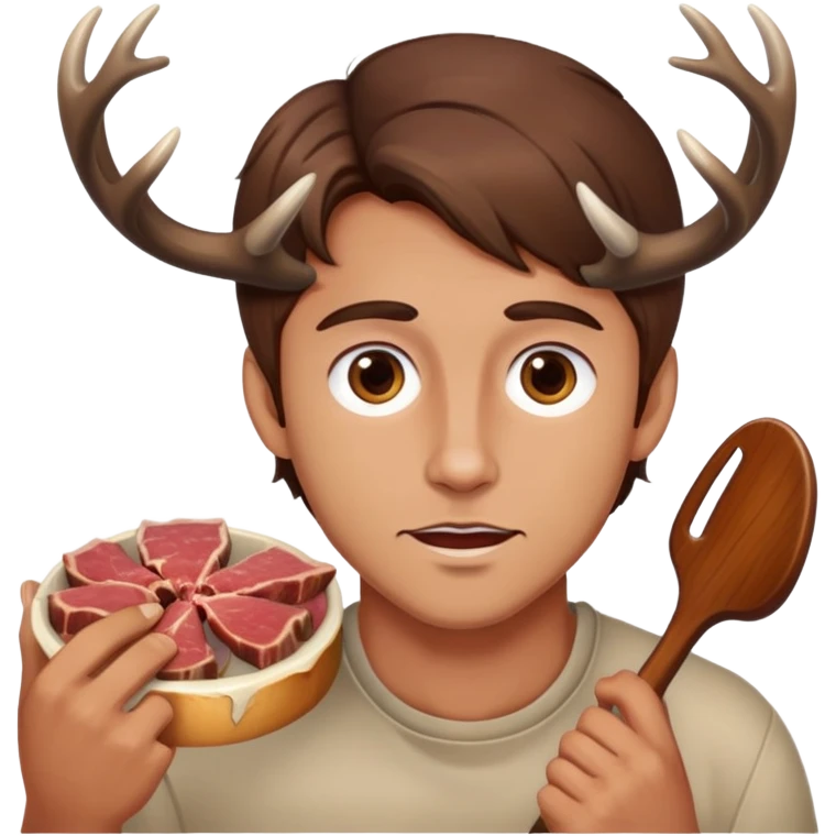 Man with deer antlers eats meat, brown hair emoji