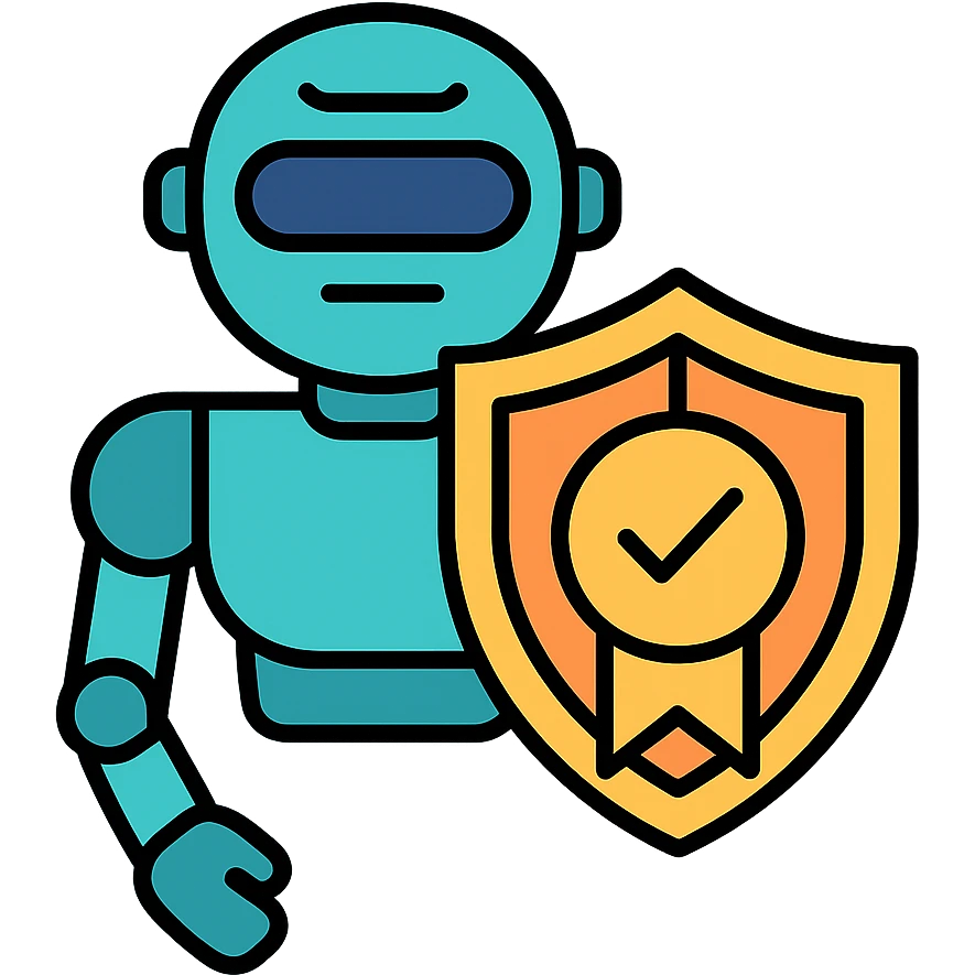 futuristic AI robot holding a shield with a safety certificate emblem, clean and professional, icon style emoji