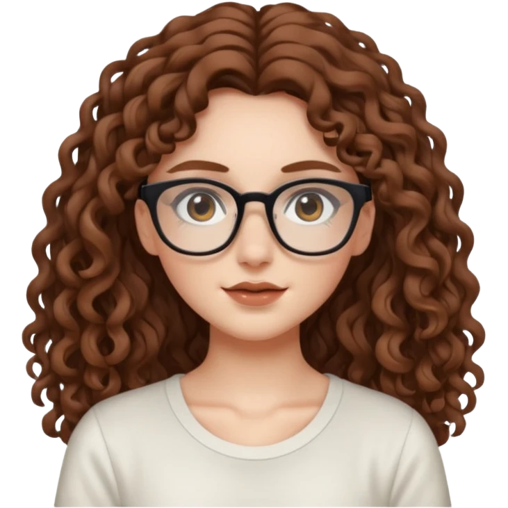 aesthetic white girl with brown, long curly hair, she wears an offwhite top and wears square glasses and her eyes are black emoji