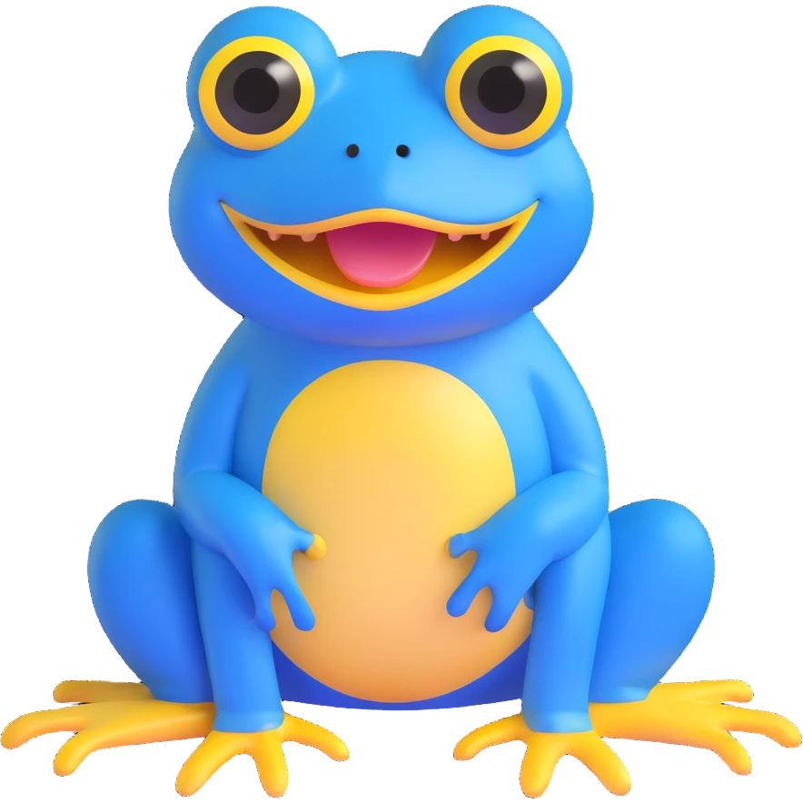 blue frog with a big yellow mouth and wide eyes, sitting, looks silly and sweet, suitable for kids, daily expression, circle time helper emoji
