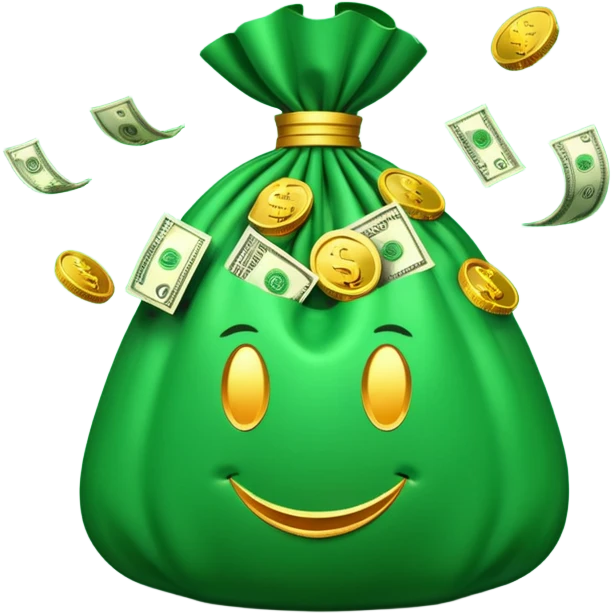 

3D emoji style, big bag of money, flying dollar bills, rich casino vibe, smooth lighting, high detail, clean edges, transparent background



 emoji
