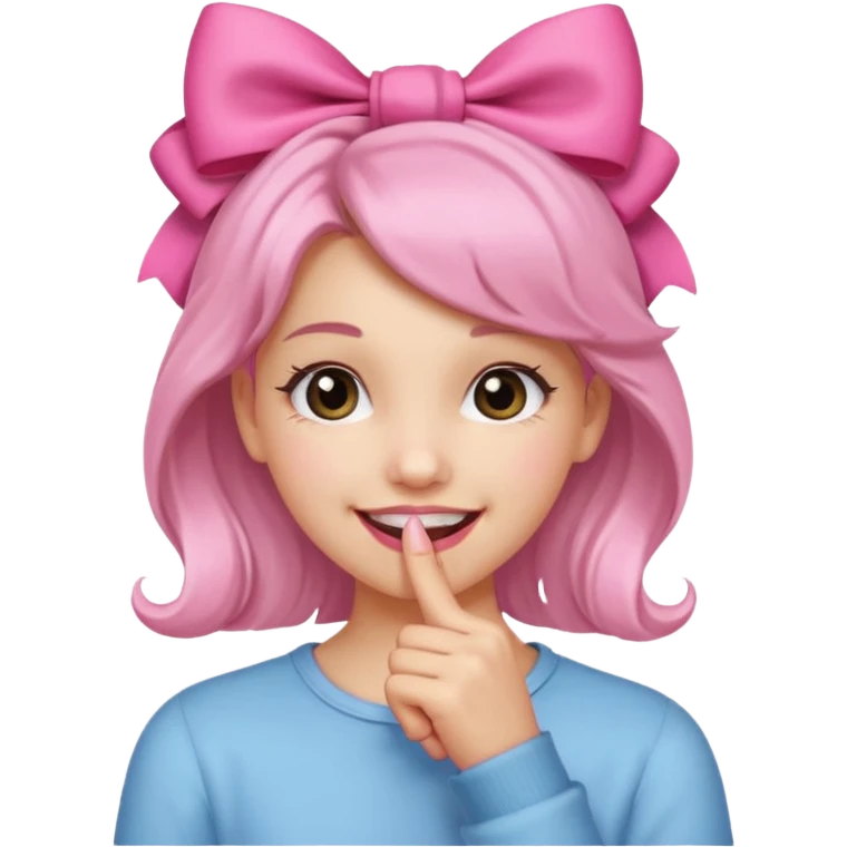Chica sonriendo con un lazo rosa en la cabeza y mordiendose la punta del dedo indice con delicadeza y la otra mano que no salga emoji