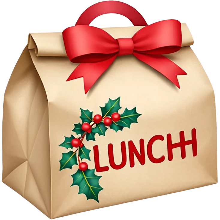 christmas paper lunch bag with the word lunch on it and a bow emoji