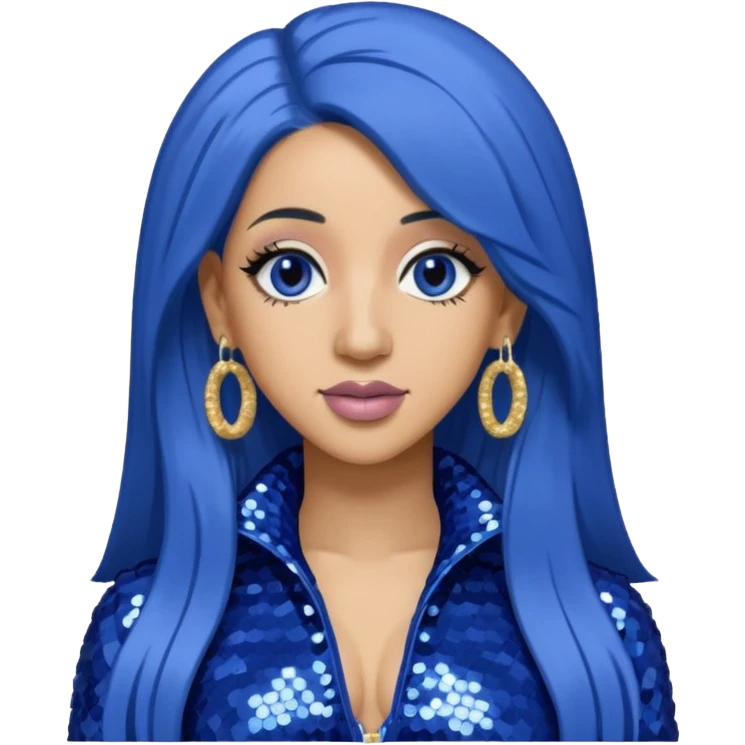 Cardi B with long dark blue hair, light periwinkle sequin outfit emoji