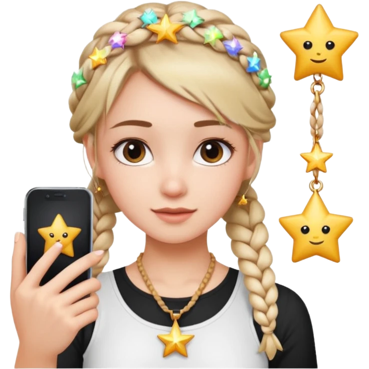 a girl wearing cute white top with a braid outing in the camera as a selfie and a star necklace in the neck  emoji