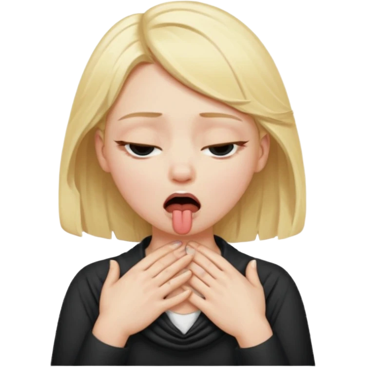 blond girl choking herself, hands around neck, one eye open, one eye closed, mouth wide open emoji