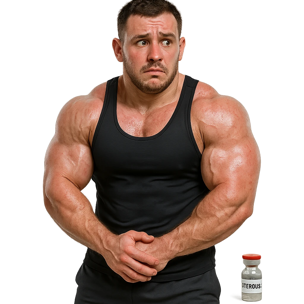 beginner bodybuilder with swollen muscles, reddened skin, nervous look, wearing sportswear, bottle of anabolic steroids next to him, realistic details, isolated on white background emoji