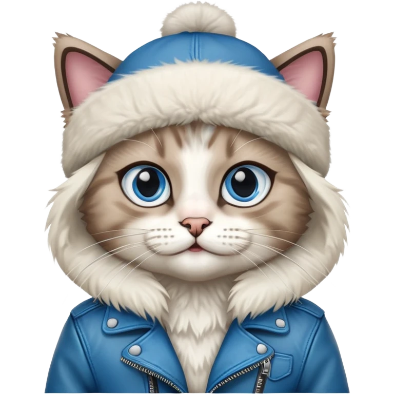 Ragdoll cat wearing a leather jacket and a beanie emoji