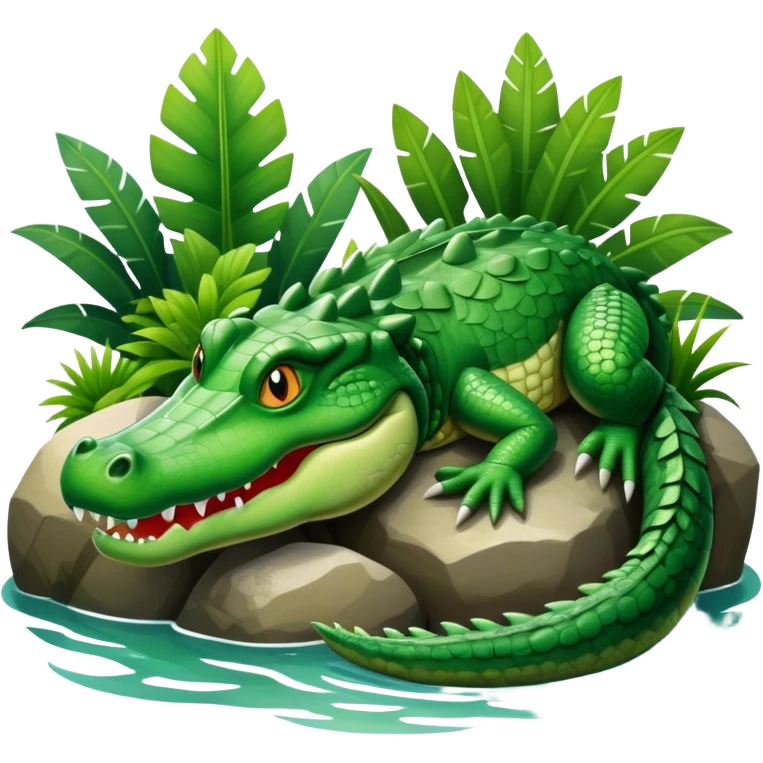 Crocodile resting, surrounded by rocks, water, and tropical plants. The green scales of the crocodile glisten under the light, with its sharp eyes focused ahead. The background features a naturalistic habitat with plants and water, giving it a lifelike feel. emoji