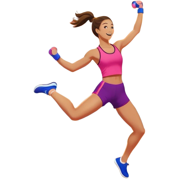 An energetic person performing an aerobics workout in a brightly lit gym, jumping and stretching with enthusiasm. The scene includes vibrant fitness equipment like dumbbells and exercise mats, with a background of cheerful, motivating colors, conveying energy and movement. emoji
