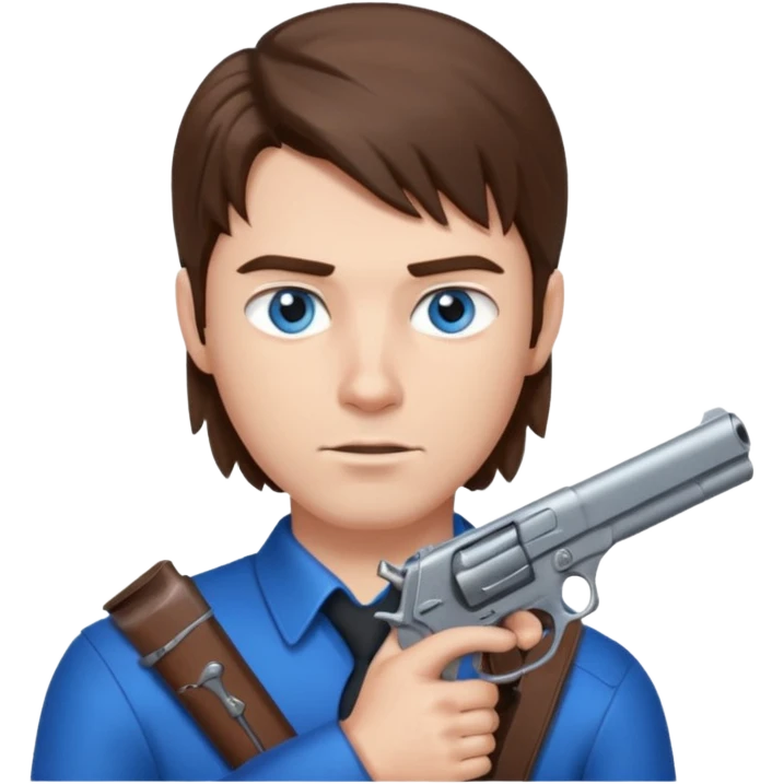 guy w medium long brown hair and blue eyes with gun pointing at head emoji