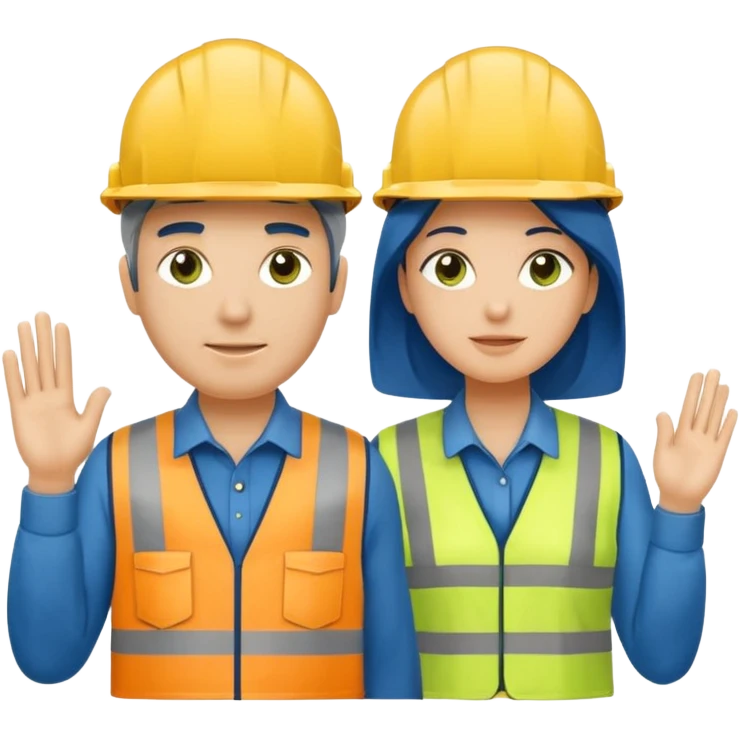 Um homem e uma mulher amarelos com capacete de obras azul escuro e camisa social cinza com faixas refletivas verdes nos braços. Um deles deve estar segurando um megafone emoji