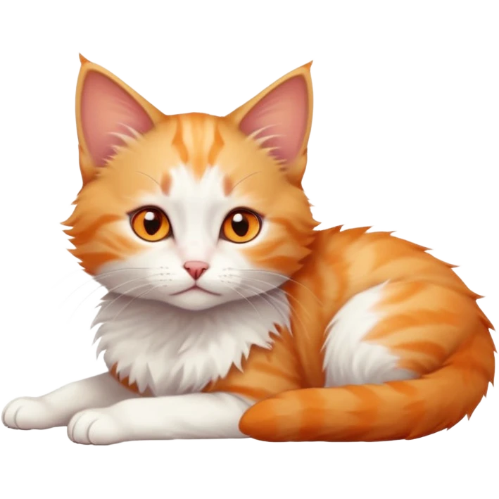full body of very small + skinny ginger and white kitten with deep orange eyes and triangular shaped face lying down emoji