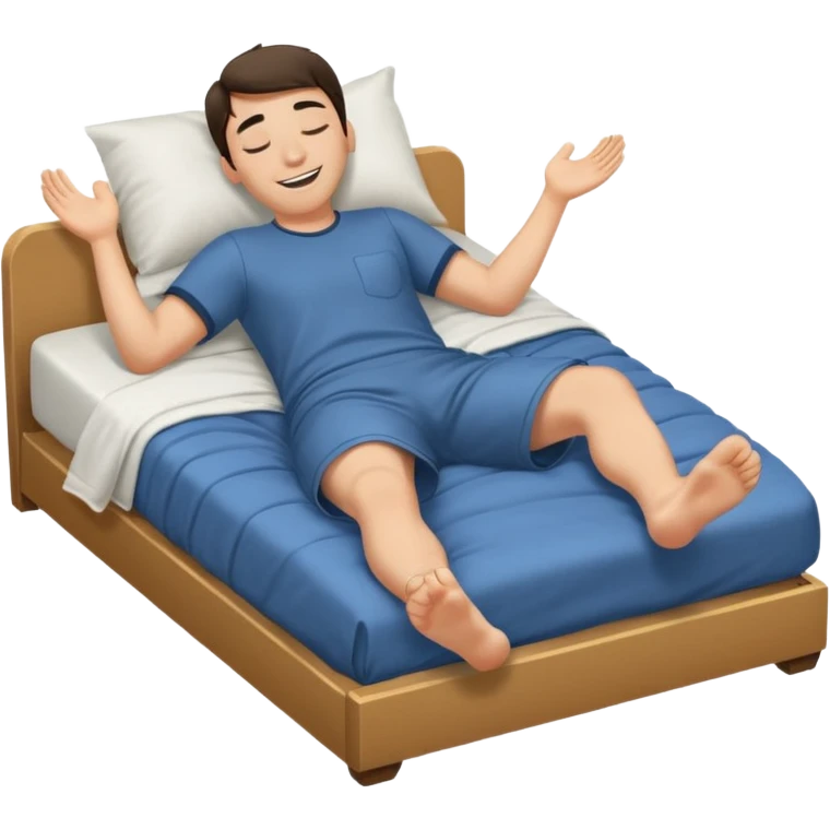 A man in bed laying down under covers kicking feet in air because so excited to sleep. Eyes are closed and he is smiling and Show his feet emoji
