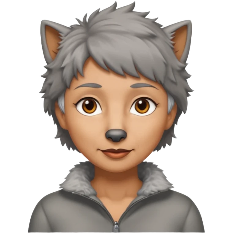 woman 50 years old, short grey fluffy wolf-cut hair, tannes skin and brown eyes emoji