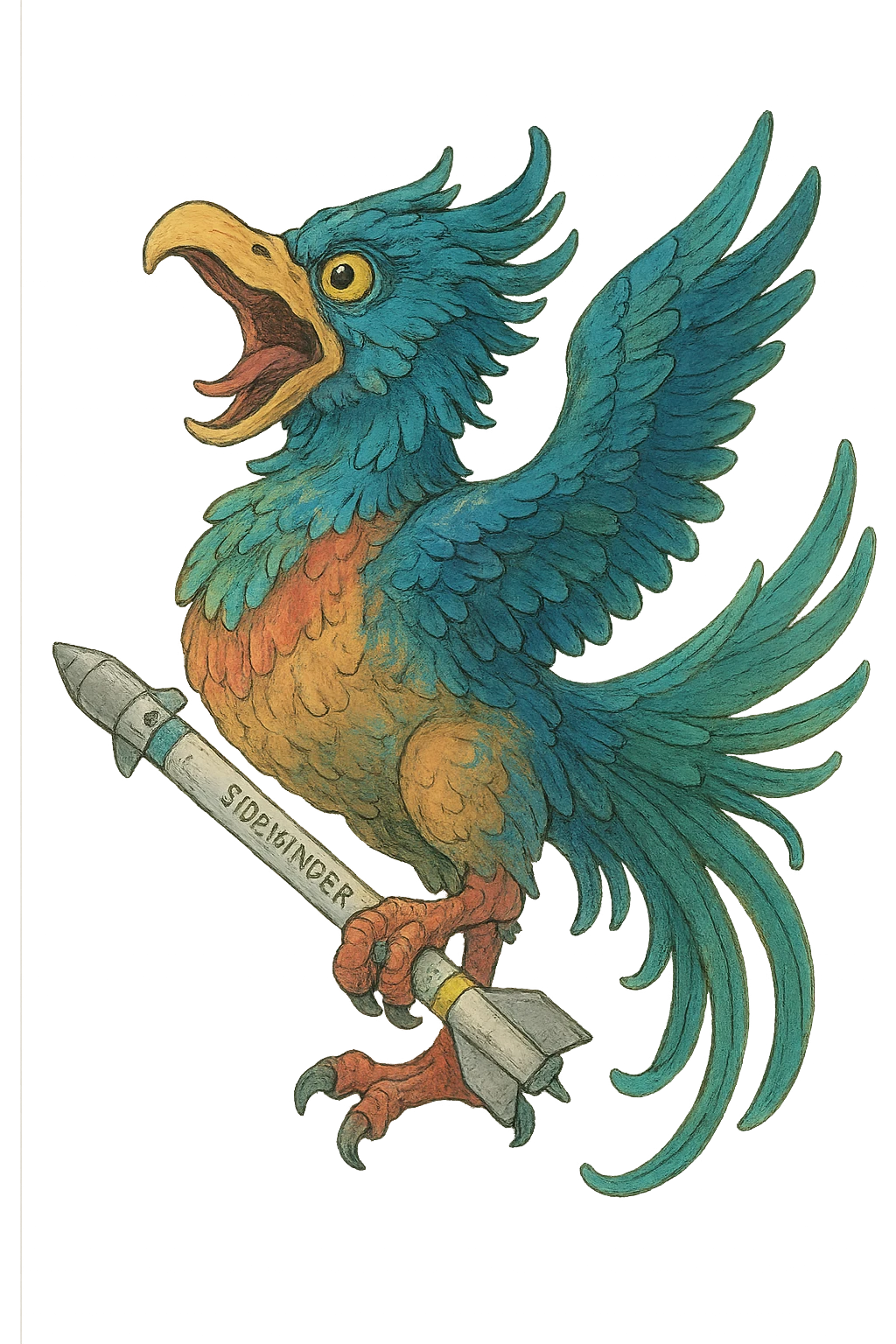 an insignia for a flag: a strange foreign alien bird creature, gripping a sidewinder missile in its' powerful claw, standing up on its' other claw, cawing fiercely
 emoji