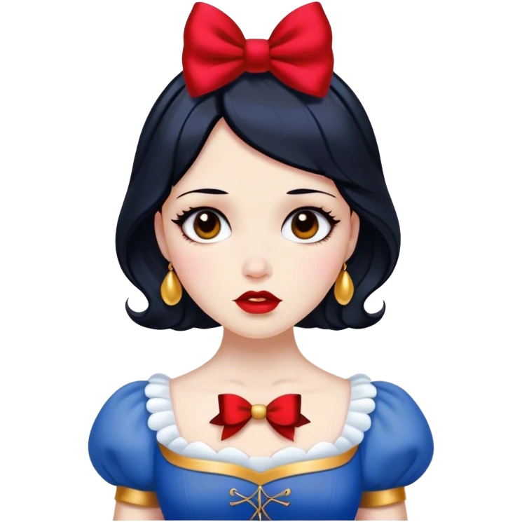 Cinematic Elegant Snow White Portrait Emoji, rendered in a realistic, vector-style with minimal shading and bold, simplified shapes. Depict Snow White (chest and above) with flawless porcelain skin, expressive deep brown eyes, and lustrous raven hair neatly styled with a red bow, wearing her classic blue and gold dress. The image glows with a soft, pure radiance and high shine, capturing timeless beauty and gentle grace. emoji