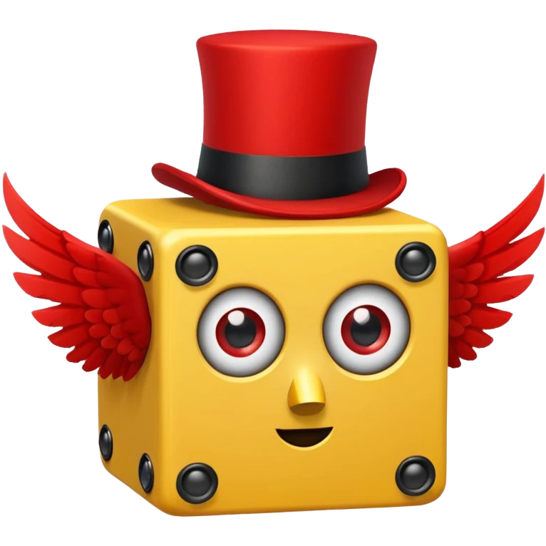 yellow lucky block, with 2 red question marks for the pupils inside the eyes, wings, and a red top hat, and has the :3 face  emoji