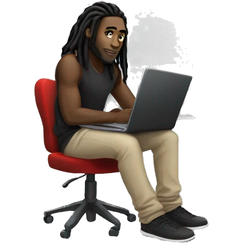 Black-guy-with-dreads-wearing-black-trackstuit-sitting-down-on-chair facing-foward-focused-on-laptop-computer- emoji