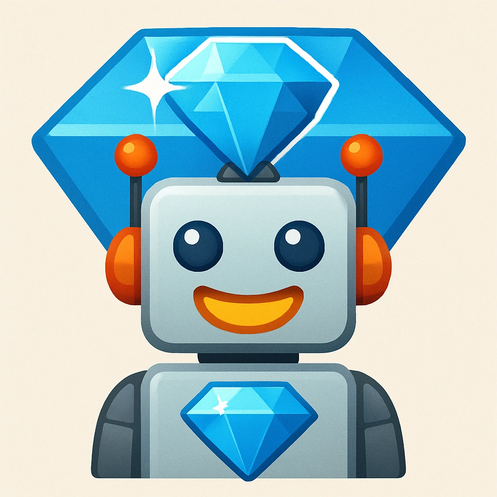 Make the diamond bigger in the emoji-style smiling robot on the background of a large blue diamond emoji