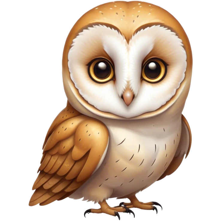 Cinematic Cute Barn Owl Portrait Emoji, Head tilted playfully and inquisitively, featuring a softly mottled Fur of white and brown with delicate feather patterns, round, sparkling amber eyes filled with curious wonder, Simplified yet irresistibly adorable features, highly detailed, glowing with a warm, friendly glow, high shine, affectionate and gentle, stylized with a touch of barnyard whimsy, bright and endearing, soft glowing outline, capturing the essence of a mischievous yet loving owl, so playful it feels like it could swoop out of the screen and into your arms! emoji