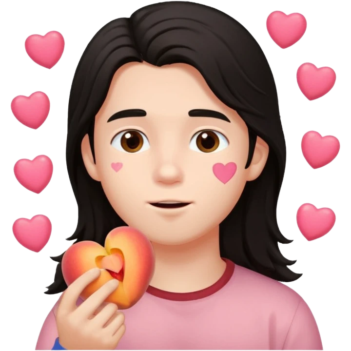 Cute boy, long dark hair, eating a peach, pink hearts floating  emoji