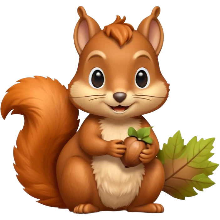 A 3D cartoon squirrel holding an acorn, fluffy tail curled up, orange-brown fur, happy face, soft natural light, Memoji-style look. emoji