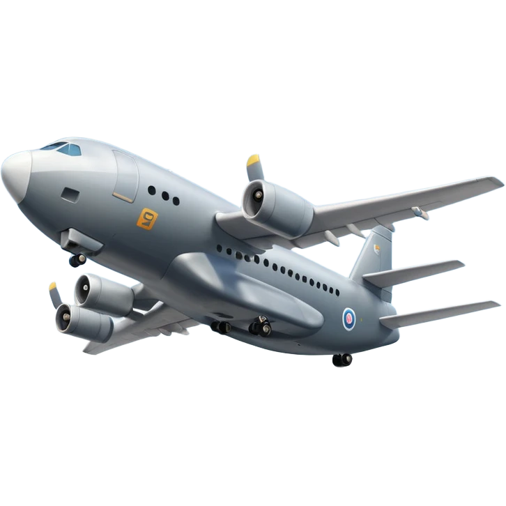 A 3D cartoon cargo aircraft with large body and rear loading door, mid-flight with faint clouds, Memoji-style realism. emoji