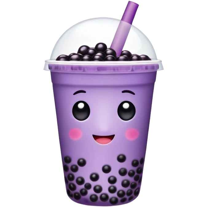 Purple bubble tea cup with a cute face and black tapioca pearls inside emoji