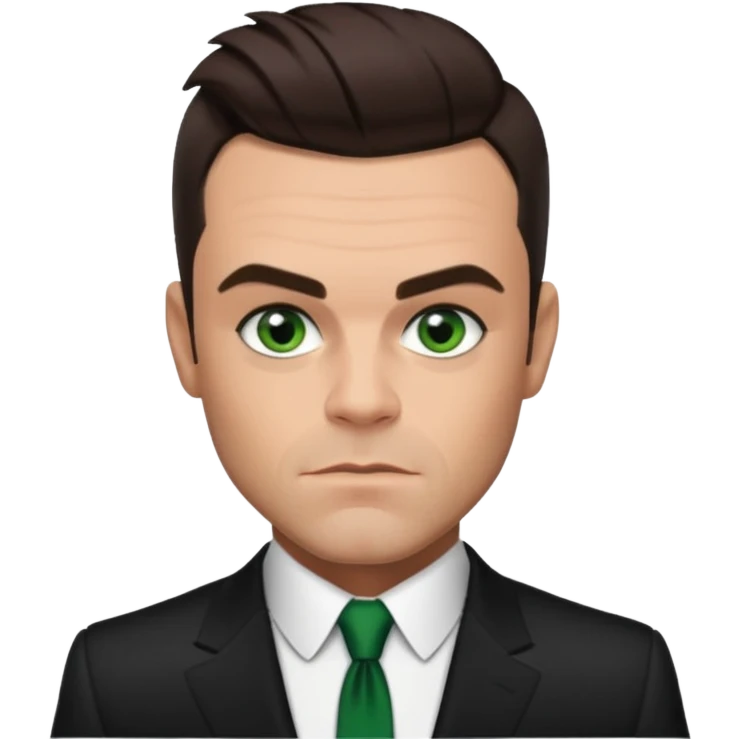 Robbie Williams with dark brown hair, green eyes, suit emoji