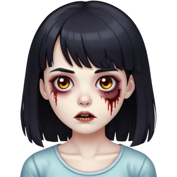 zombie girl with long black hair and short bangs and dark brown eyes emoji