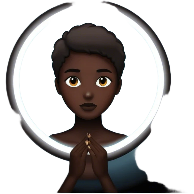 Un espejo con un brillo hipnótico en el centro de un espacio oscuro y una persona en silueta negra emoji