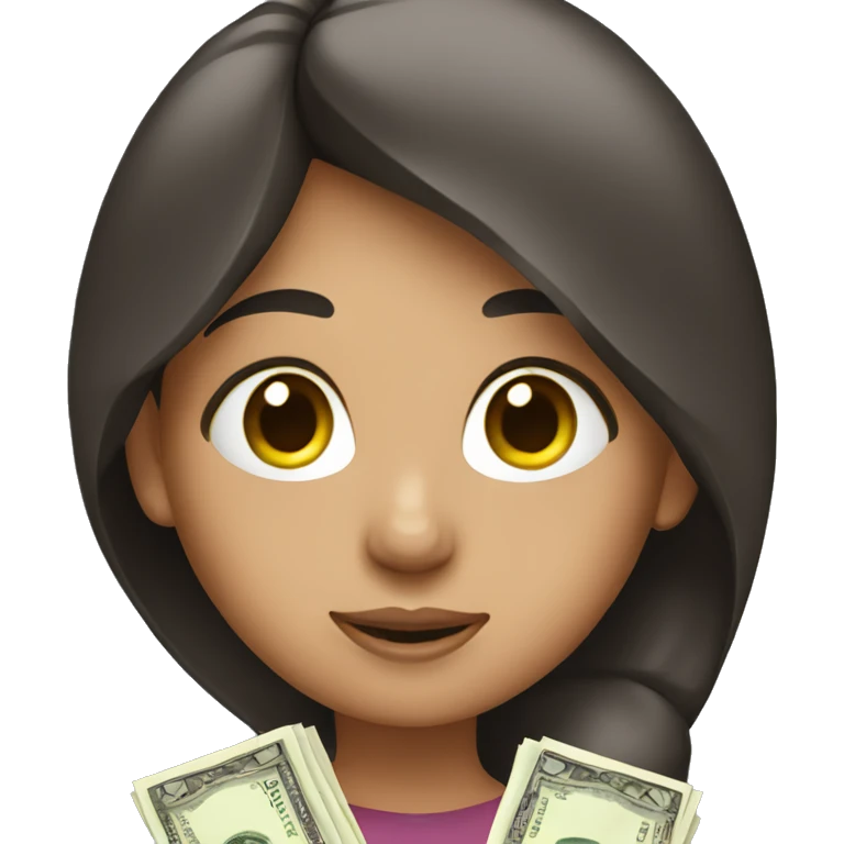 A brunette  girl holding money emoji