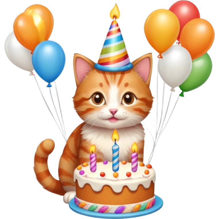 Ginger tabby kitten celebrates birthday, birthday hat, birthday cake, one candle, balloons, happy, gifts emoji