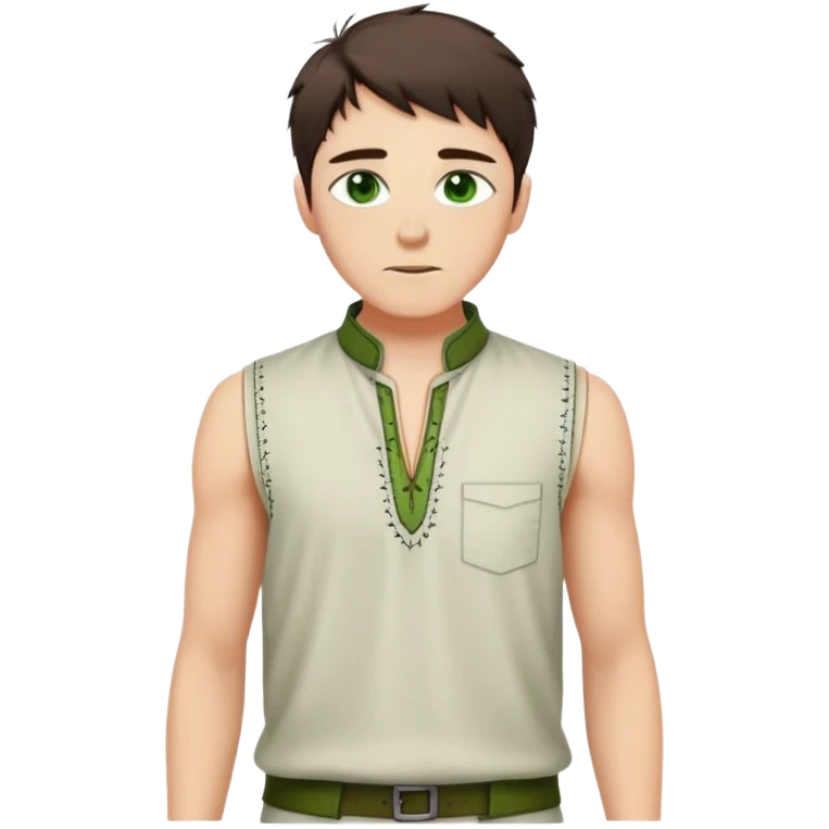 medieval summer outfit worn by a DnD themed fantasy male character. lightweight sleeveless tunic with a short standing collar and decorative stitching along the hem. clothes only above the waist. The clothes full waist. The character's haven't arms. character is white-skinned, dark brown hair, green eyes, short messy hair. emoji
