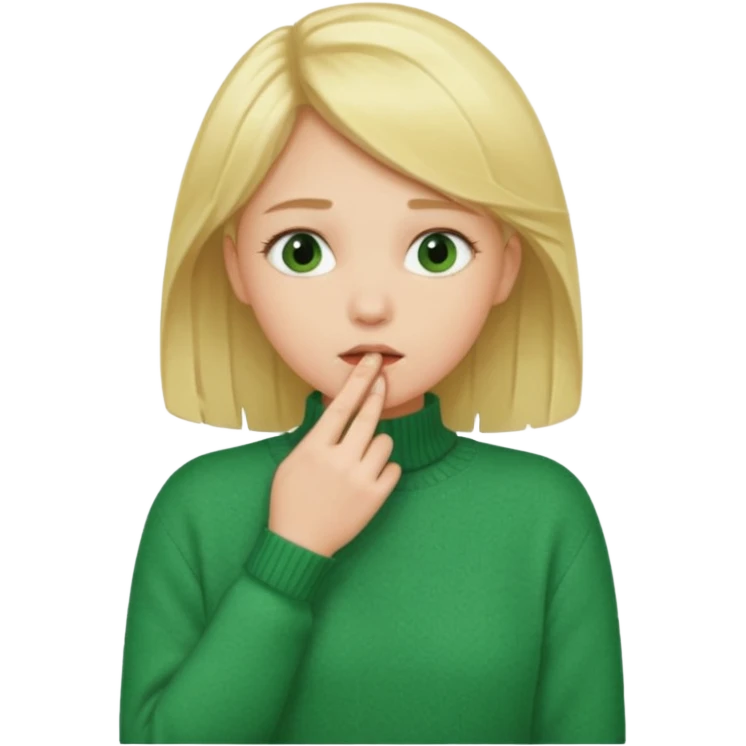 blonde girl has sore throat in green sweater with hand on throat emoji