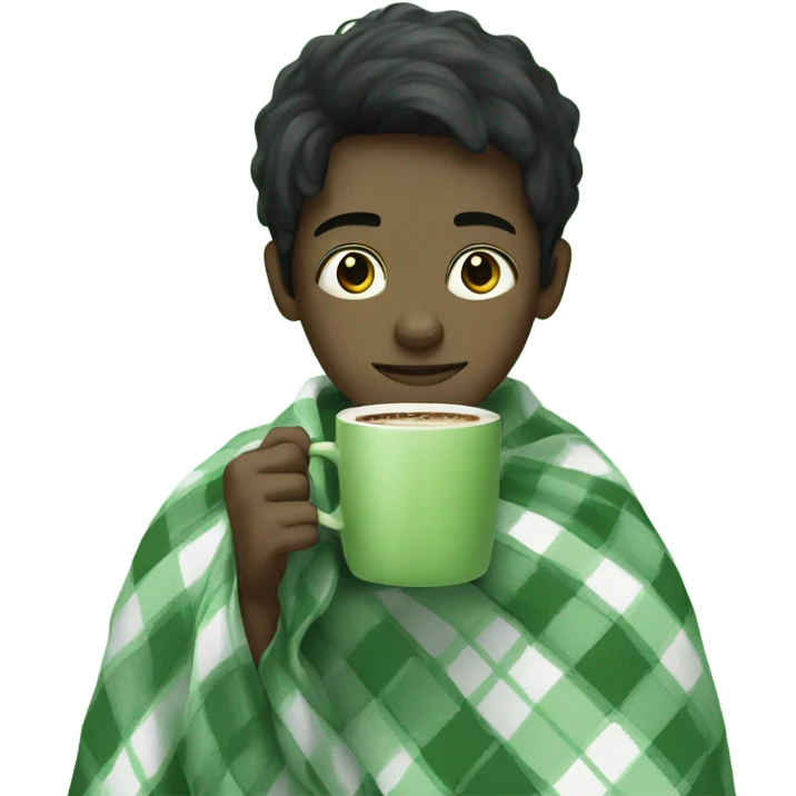 black hair boy wrapped in pastel green plaid blanket drinking coffee emoji