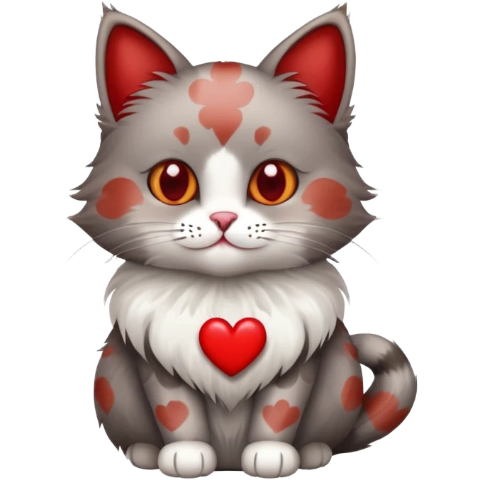 Grey Brown cat with red spots and a white heart emoji