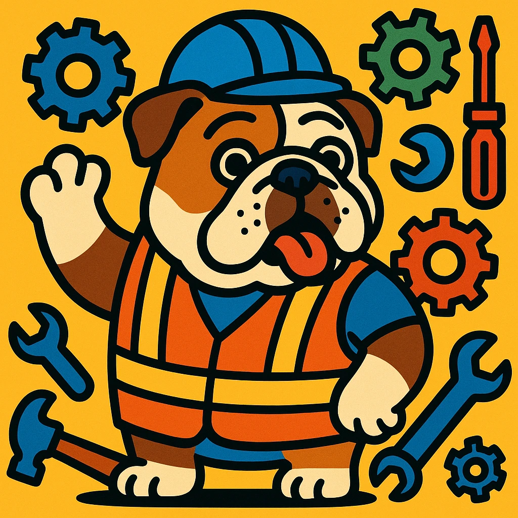 English Bulldog in an engineer's vest, surrounded by gears and tools, fun expressive style emoji