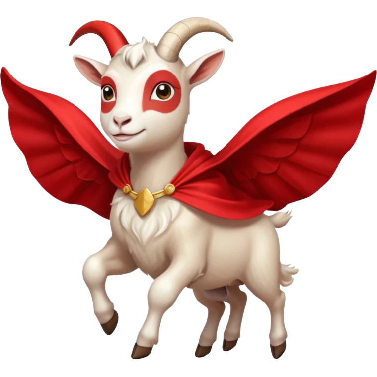 side view of white female goat wearing a read cape like superman emoji