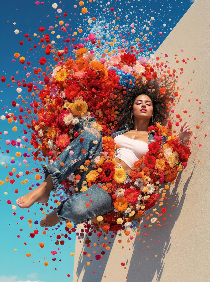 Minimalitic Closeup photo of a woman falling around explosion of a colorfull flowers wearing alternative fashion, blue sky minimalistic background emoji